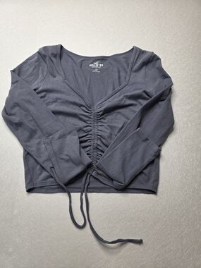 Hollister Women's Dark Blue Ruched Long Sleeve Crop